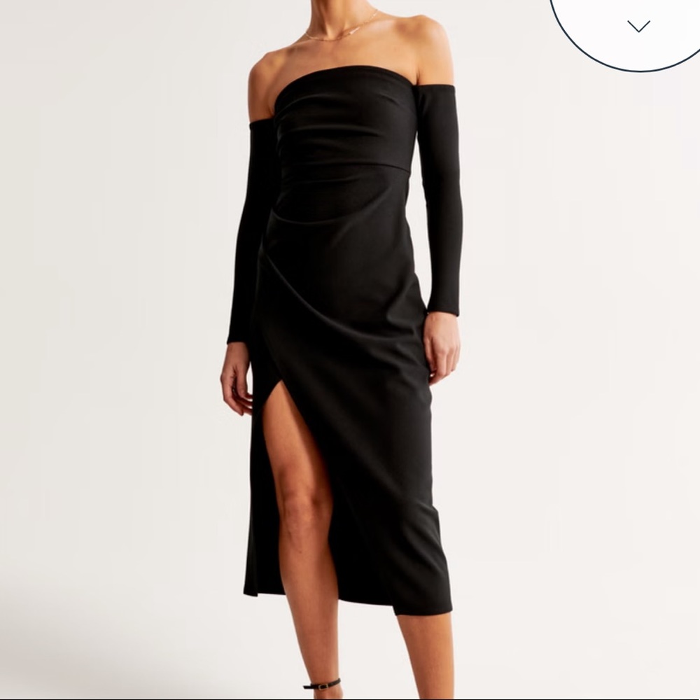 Long sleeve off the shoulder crepe midi dress